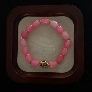 Pink Jade Barrel Beaded Bracelet with Gold Accents